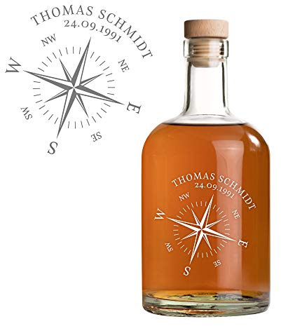 AMAVEL Ginflasche aus Glas, Personalisierte Gravur mit Namen und Datum, Kompass Motiv, ca. 700 ml