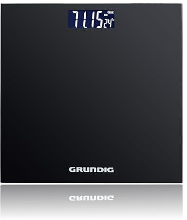 Grundig Personenwaage – Digitale Körperwaage aus Glas – Waage mit LCD Display – Tragkraft bis 180 kg – Einheiten kg, lb und st – 28x28 cm – Schwarz