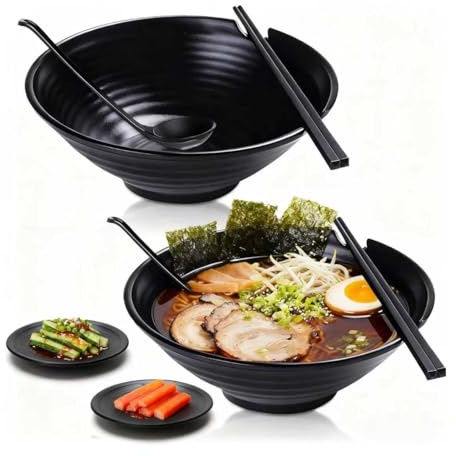 Vivimee Unbreakable Japanese Style Ramen Bowl Set of 2, 37oz Black Large Matte Melamine Bowls and Spoons Set with Chopsticks & Saucers for Pho Thai Miso Udon Soup Noodles or Asian Food