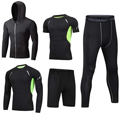 HZQIFEI Uomo 5 Pezzi Completi Sportivi Abbigliamento Set Giacca con Cappuccio Manica Corta/Lunga Camicie a Compressione Pantaloni a Compressione Pantaloncini (Style#1, XL)