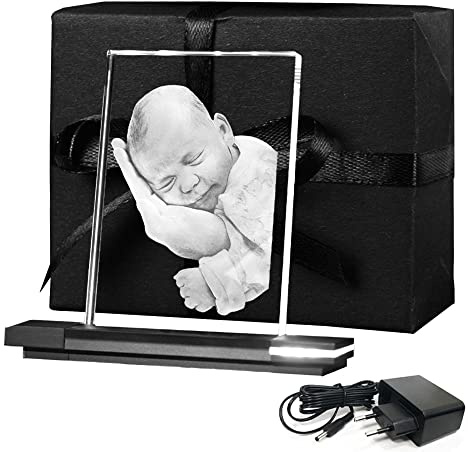LOOXIS Personalisiertes Laser-Foto vom eigenen Bild in Flachglas gelasert mit Wunschgravur - 150 x 100 x 8 mm, inkl Leuchtsockel – Geschenkidee Männer, Frauen, Hochzeitstag, Geburtstag – M Hochformat