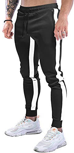 Suwangi Joggingbyxor herr, sportbyxor, byxor, randig design med fickor med dragkedja, svart, S