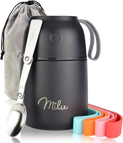 Milu® Thermobehälter für Essen 450ml, Edelstahl Warmhaltebehälter mit Löffel, Thermobecher Essen, Thermo Lunchbox für Kinder, Erwachsene, Thermobox Suppen, Babybrei, Speisebehälter Schwarz, 450ml