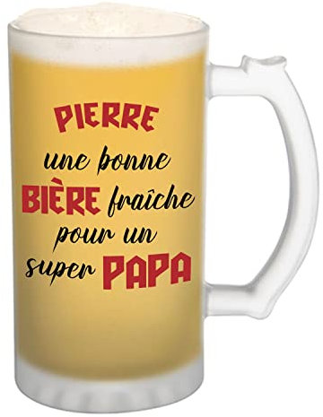 Planetee Chope de bière Pierre Super Héros Super Papa - cadeau idée anniversaire Fête des Pères Humour - Verre givré 470 ml avec poignée Alcool Pinte