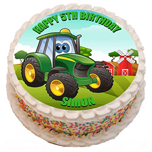 Green Tractor Personalised PRECUT Cake Topper 7.5 Inch Round Edible Icing Sheet Birthday Decoration