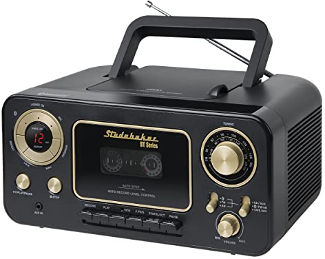 Studebaker Bluetooth Portable Stereo CD, AM/FM Stereo Radio and Cassette Player/Recorder (Black & Gold)