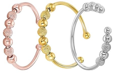 925 Sterling Silver Anxiety Ring Adjustable Ring with Removable Bead Swivel Ring Anti-Stress Ring Fidget Ring Stress Relief Ring Silver Ring Jewelry for Men and Women(1pcs) (gold)