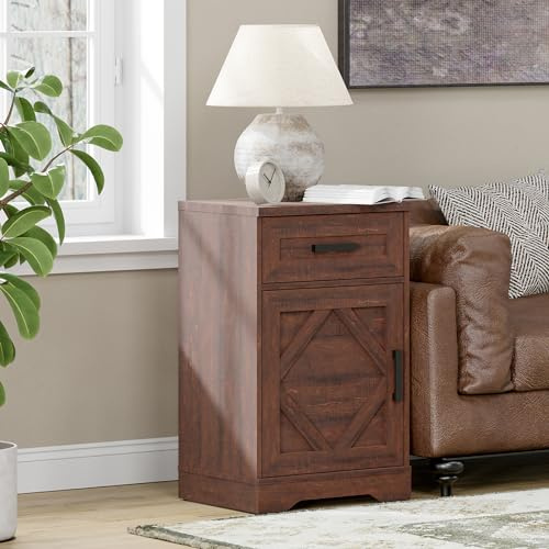 WAMPAT 32 H End Table for Living Room,Rustic Nightstand with Drawer & Barn Door, Farmhouse Bedside Table with Adjustable Shelf for Couch or Bedside, Rustic Brown