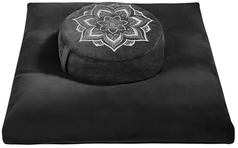 hunnidspace Zafu & Zabuton Meditation Cushion Set – Buckwheat Hull & Memory Foam Pillows, Ergonomic Support for Yoga & Mindfulness – Organic Velvet Cover, Large Size, Durable Comfort (Black)