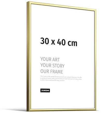 JUNOMI® Bilderrahmen 30x40 cm, Aluminium Gold glänzend, Posterrahmen | Moderner schmaler Rahmen aus Aluminium mit bruchsicherem Acrylglas, Hoch- und Querformat, für Fotos, Poster und Kunstdrucke