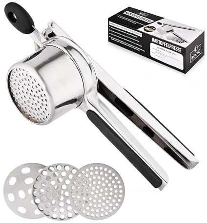 Bexxo Prensa de patatas premium de acero inoxidable con mango de silicona antideslizante, aplastar patatas sin esfuerzo con consistencia fina, diseño ergonómico para un fácil manejo