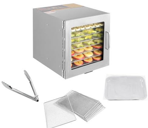 Edelstahl Dörrautomat, 700W Dörrautomaten mit 35-90 ℃ Temperaturregelung, 8 Gitterrostschalen, Lebensmittelklammer für Lebensmittel, Pilze, Früchte, Fleisch