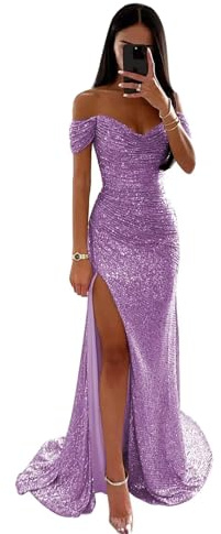 Vtorliya Women's Sequin Mermaid Prom Dresses Off Shoulder V Neck Long Ball Gown Ruched Sparkly Formal Evening Party Dress Lilac