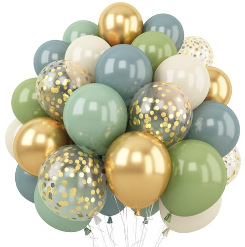 Dusty Green Blue Balloon, 60 Packs 12 Inch Sage Green Balloon with Haze Fog Blue Sand White and Gold Balloons for Jungle Safari Neutral Boho Birthday Baby Shower Party Decorations