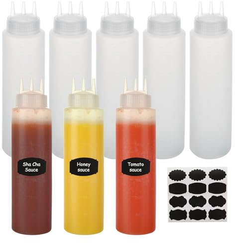 VIDETOL 8 Pcs Squeeze Bottles for Sauces, 680ml/24oz Plastic Sauce Bottle with Cap Lids and Scale, 3-Hole Squeezy Sauce Bottles for Ketchup BBQ Dressing Paint Workshop Art Craft（Include Labels）