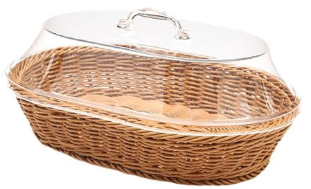Folpus Woven Bread Basket with Lid - Imitation Rattan Oval Fruit and Food Serving Container With Drainage for Farmhouse Cafes Kitchen, 30cmx40cm