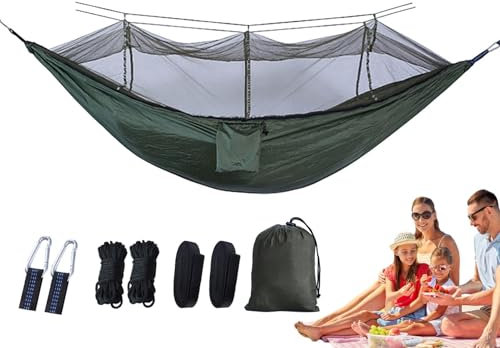Hamaca para exteriores con mosquitera, 260 x 140 cm, resistente al agua, para camping, hamacas con red de insectos, carga de 600 kg, ultraligera, paracaídas, nailon, camping