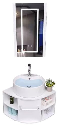 Armoire Salle de Bain Miroir LED, Meuble de Salle de Bain Suspendu avec Vasques, Beaucoup D'espace de Stockage, Vasques Ronde a Poser, pour Toilette(55CM)
