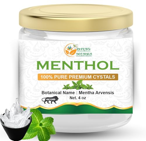 Herbs Botanica Menthol Crystals Mentha Arvensis Aromatherapy Congestion Blocked Nose Relief Cold Flu 100% Pure USP Food Grade Great for Cosmetics, Salves, Balms, Creams and Soap Making 4 oz