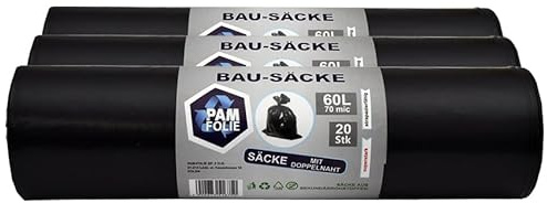 PAM-FOLIE Müllsäcke 60L - 60 Stück - Set - Bausäcke Professional - Extra Dicke Abfallsäcke - 60x70cm - 70µm - Starke, schwarze Müllbeutel - Bauschuttsäcke - Säcke für Bauschutt Abfalls