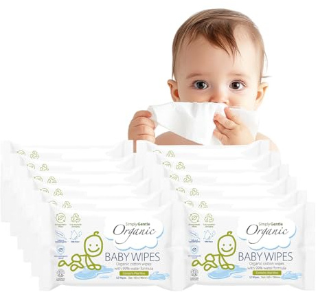 Simply Gentle Organic Baby Wet Wipes for Sensitive Skin, 99% Water, Fragrance and Plastic Free, Natural, Hypoallergenic for Newborns, Soft Moist Wipes, Biodegradable, 624 count (Pack of 12)