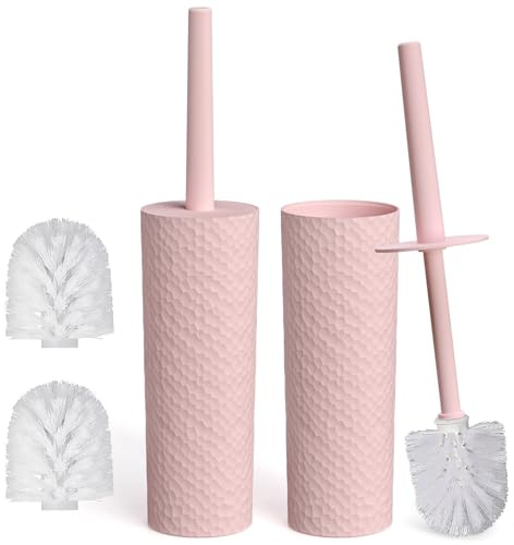 Topsky 2 Pack Closed Toilet Brush and Holder with 2 Replacement Heads Pink | Compact Round Barrel Plastic Loo Brush, Stiff Bristles for Deep Clean, Space-Saving, Hygienic Bathroom Essential