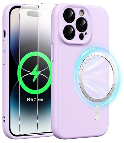 Xiltlly Cover Magnetica Silicone Liquido per iPhone 14 Pro Max 6,7 Pollici con 2 Vetro Temperato, Compatible con MagSafe Magneti Integrati, Custodia Antiurto AntiGraffio per iPhone 14 Pro Max, Viola