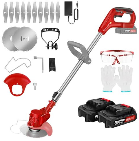 Rasentrimmer mit 2X Akkus, Rasenkantenschneider, Elektrischer Rasentrimmer, Akku Freischneider & Garten-Rasen-Unkraut-Trimmer Elektro-Trimmer Gartenkantenfräser mit Drehkopf, Teleslopstiel für Garten