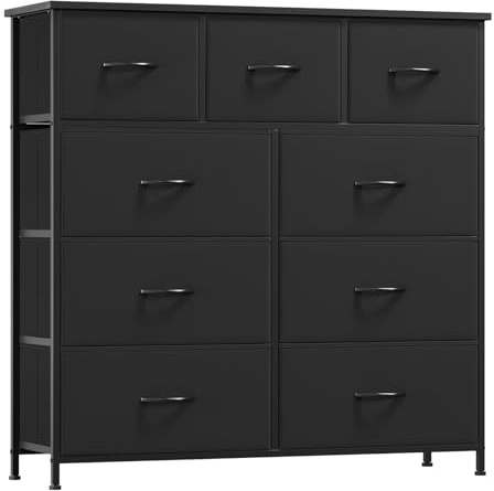 Somdot Kommode mit 9 Stoffschubladen, Schlafzimmer, Schwarz | Komodenschrank, Stoffkommode, Großer Stauraum, Metrallrahmen, Holzwerkstoffoberplatte,Wohnzimmer, Flur, 30T x 100B x 99H