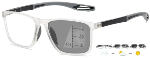 ABETOS Glidglasögon multifokala läsglasögon fotokrom blåljusfilter TR90 ram sportiga män kvinnor multifokus läshjälp med solglasögon, Transparent och grå, 2