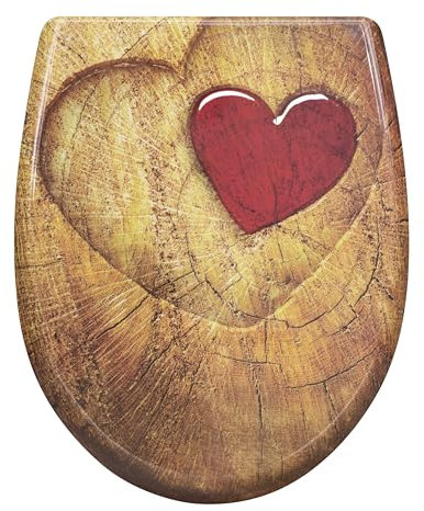 eSituro Abattant WC en Forme de O à Fermeture Douce, Montage par le Haut, Déverrouillage Rapide, Charnières Réglables à 360°, en Duroplast, Bois brun rustique et image de coeur