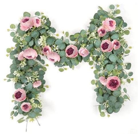 ROSYLEVE Lot de 2 guirlandes d'eucalyptus avec fleurs de pivoines artificielles, 2 m, guirlande de plantes artificielles suspendues, guirlande pour décoration de mariage (rose)