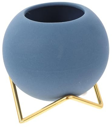 BESTonZON Maceta Redonda Pequeña de Cerámica Soporte de Hierro, Azul, para Plantas Verdes y Suculentas, Decoración para Estudio y Hogar