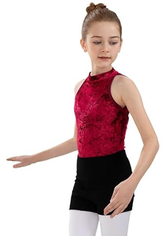 HEARTTOUCH Mädchen Samt Gymnastikanzug Turnanzug Ballettbody Tanzbody mit Tutu Rock Trikot Leotrd Shorts Ballettkleidung Tanzbekleidung Dancewear (C Rot,160)