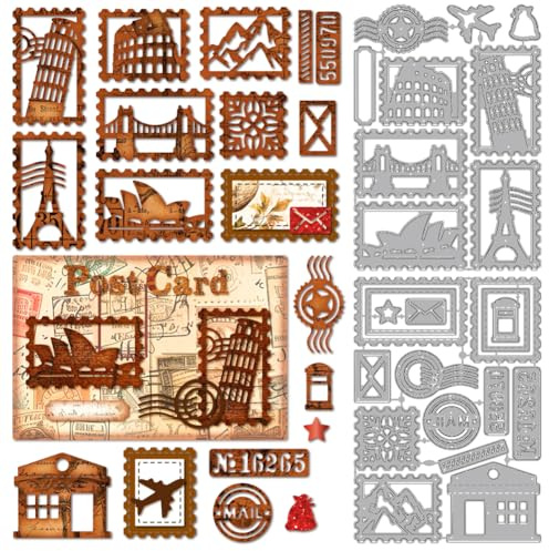 MAYJOYDIY Reisestempel Metall Stanzformen Berühmte Gebäude Stanzungen | Umschlag Poststempel Prägevorlage, Postleitzahl Schablonen, Für Die Kartengestaltung Scrapbooking Handbuch Geschenkdekoration