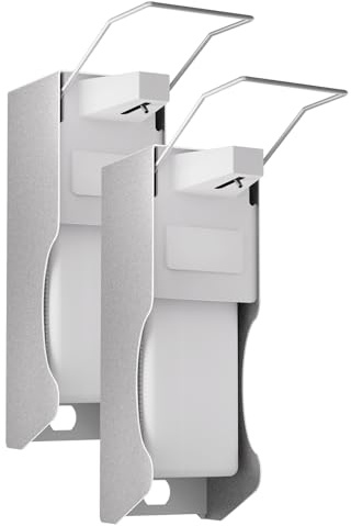 HOUSEHOLD World Eurodispenser med väggmontering och armbågstryck för desinfektionsmedel och handtvål – vit tvåldispenser av aluminium, 1000 ml x 2