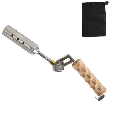 NbgrvB Chalumeau à gaz en acier inoxydable - Flamme réglable (1500 °C), manche en bois de hêtre, design pliable pour camping et cuisine (21,6 cm avec sac de rangement)
