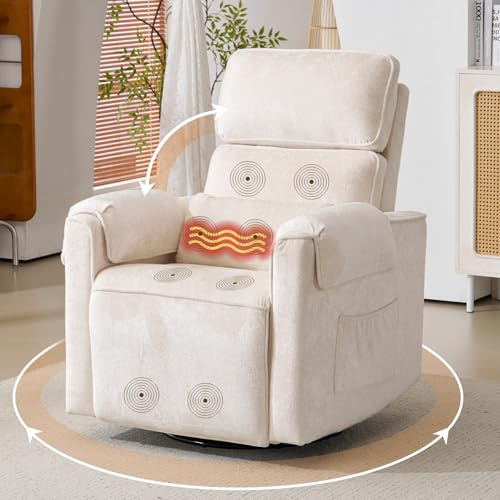 Rhevoy Relaxsessel Fernsehsessel Elektrisch Verstellbar Massagesessel mit Wärme und Liegefunktion, 270° Drehbarer TV Sessel Wohnzimmer, Verstellbare Kopfstütze, Type- C & USB, 2 Seitentaschen, Weiß