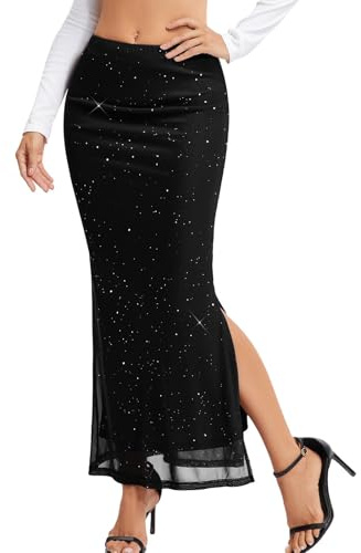 HomRain Jupe Maxi Fendue en Maille à Paillettes pour Femme Extensible Taille Haute Jupes Longues Fluides Coupe Trapèze pour Vacances et Sorties Décontractées, Noir , M