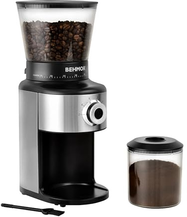 Coffee Grinder, Behmor Ideal Conical Burr Grinder, 30 Grind Settings, 2-12 Cup Capacity, 300g Bean Hopper, Low Noise, Auto Bean Closure | 300g Bohnenbehälter, 150g Auffangbehälter, 80 dB leise, automatischer Bohnenverschluss, für Espresso und French Press