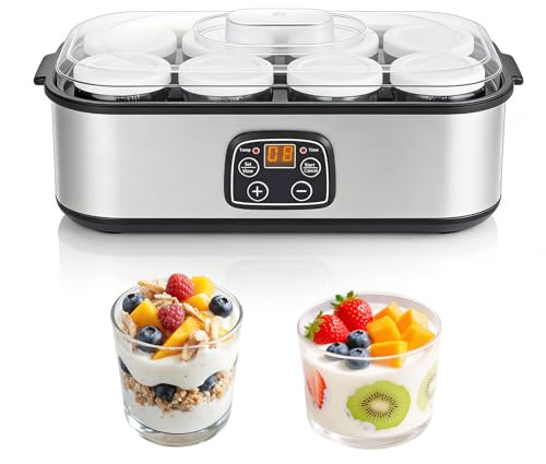 Yogurt Maker, Stainless Steel Automatic Yogurt Machine 2L, Adjustable Timer And Temperature Range, Six Airtight Glass Jars, Whisper Quiet Operation