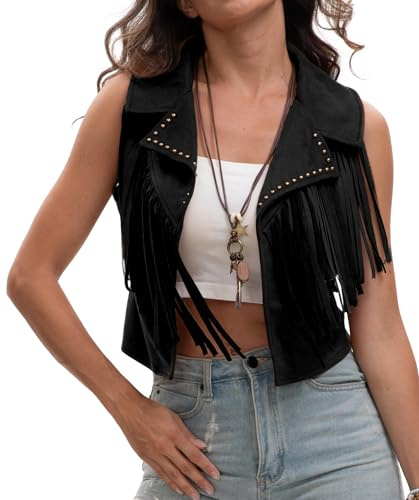 Panegy Gilet frangia per le donne 70s Trim Giacca in denim Tassel Cardigan occidentale Faux suede pelle Y2K Gilet nero S