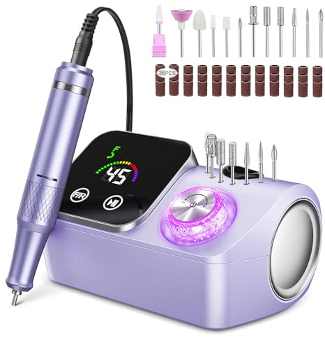 Urbuti Torno para Uñas,Torno para Uñas Profesional 45000 RPM,12 12 Cabezales de Pulido, Pantalla táctil LCD,Perilla de cristal,Lima portátil para uñas acrílicas y de gel (Morado claro)
