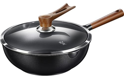 GZGLZDQ Wok et Sauteuse à Induction en Titane, Poêle Antiadhésive Légère avec Couvercle, Résistante aux Rayures pour Plaques à Induction, Cuisinières à Gaz et Toutes Méthodes de Cuisson(Ø30cm)
