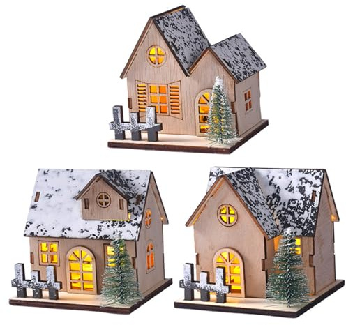 Lot de 3 Maisons de Village Noël Lumineuses avec Toit en Neige en Bois et décoration d'arbre pour centres Table Noël, décoration d'intérieur Vacances