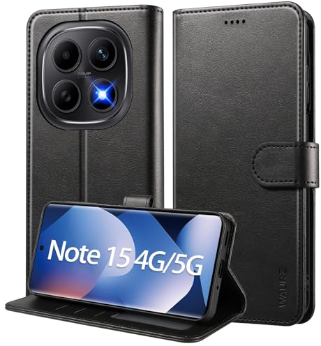 WAURZ Cover a Libro per Xiaomi Redmi Note 15 4G/5G, Nero | Custodia Libretto Portafoglio in Pelle PU con Porta Carte, Chiusura Magnetica Protezione Totale Flip Case Antiurto Sottile