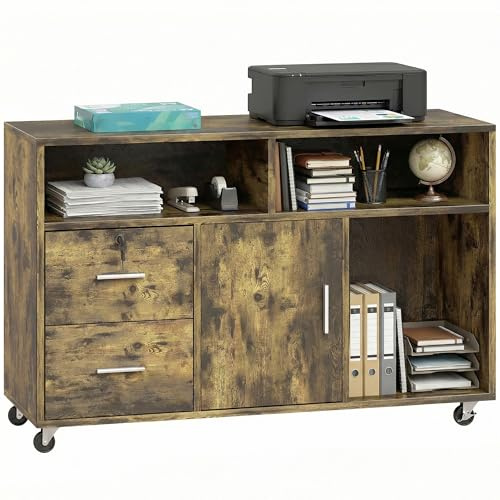 HOMCOM Mobile Porta Stampante a Rotelle con 2 Cassetti Chiudibile a Chiave, 3 Ripiani e Armadietto, Mobile Stampante per Documenti da Ufficio e Studio, 100x35x65 cm, Marrone Rustico