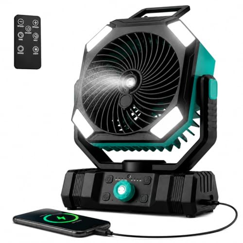 Richday Ventilador Camping Nebulizador 20000mAh, Ventilador Portátil Recargable con Batería, Depósito 300ml, Control Remoto, 270° de Rotación, Timer, Luz LED, para Oficina Tienda Viaje