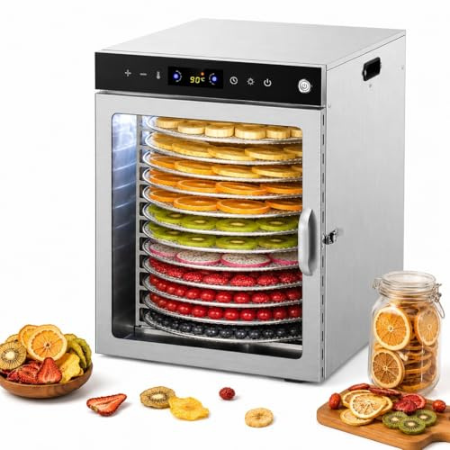 Essiccatore Alimentare a 12 Vassoi, Macchina per Essiccare Frutta in Acciaio Inox con Vassoi Rotanti a 360°, 800W Digitale, Temperatura Regolabile 30-90°C e Timer 1-24H per Frutta, Carne, Erbe