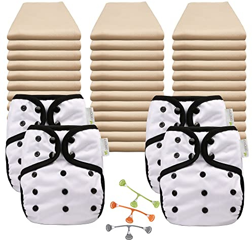 OsoCozy Economy Organic Flat Cloth Diaper Package - 36 Organic Cotton Birdseye Weave Flat Nappies, 3 Snappi Fasteners, 4 OneSize Diaper Covers (4 Polar White)